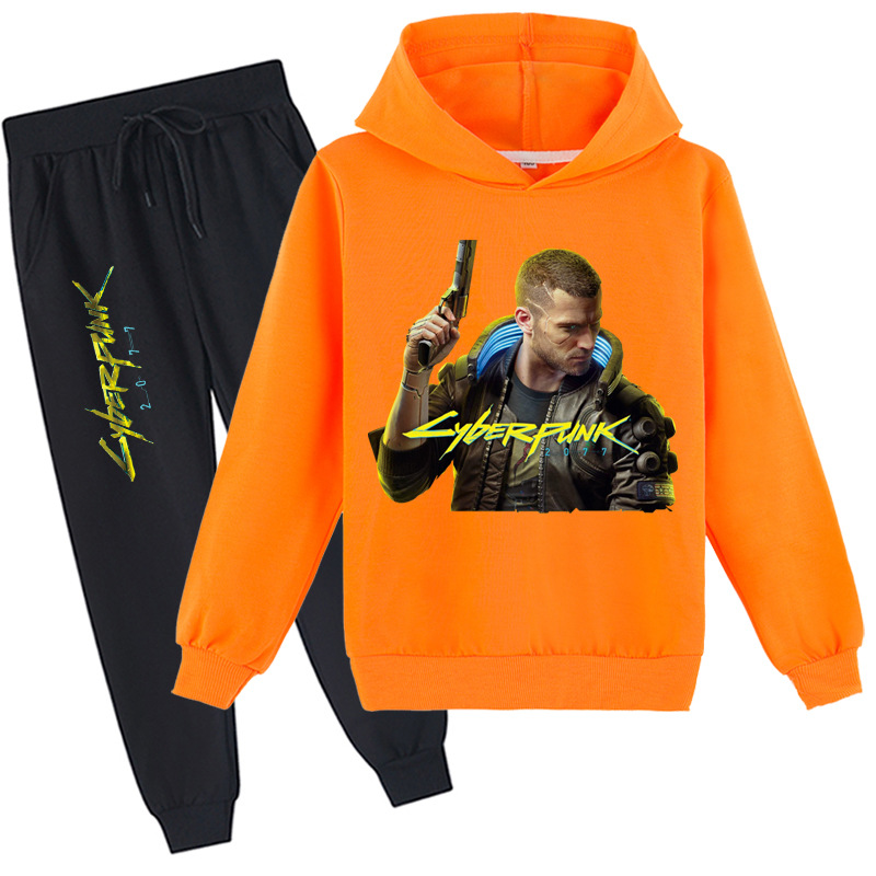 外贸童装新品赛博朋克2077中大童印花休闲运动连帽衫卫衣套装y186