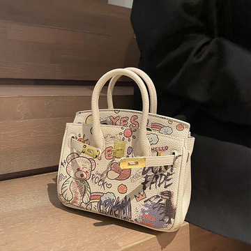 小熊涂鸦铂金包高级感手提包上班通勤大容量女包软皮气质斜挎包潮
