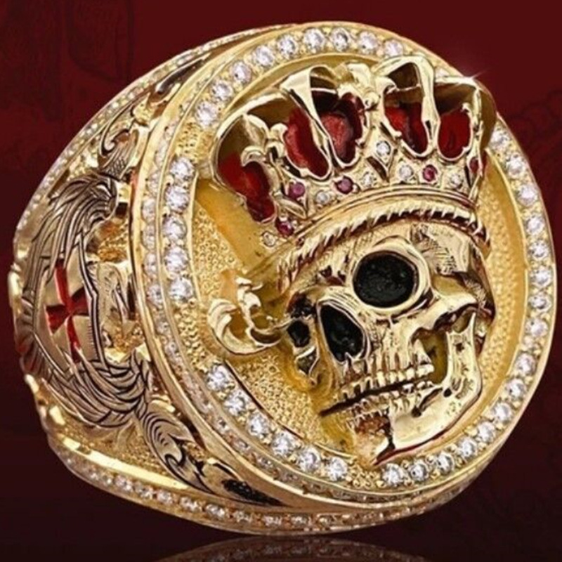 wish速卖通跨境新款饰品 欧美风 皇冠骷髅头镶钻滴油气质男戒指