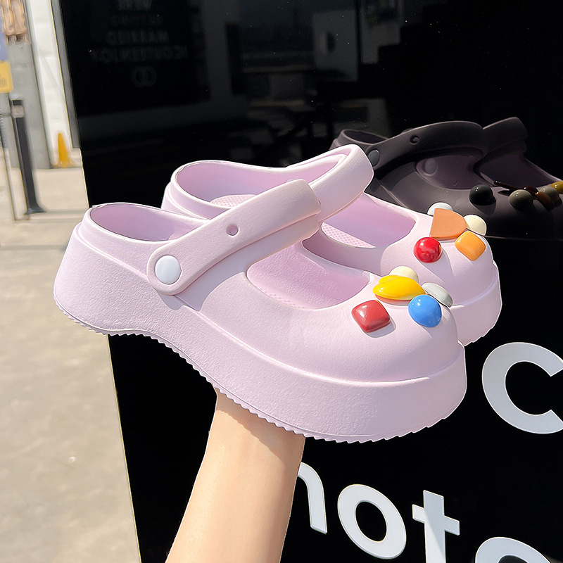 2023 New Internet Celebrity Poop Feeling Closed-Toe Slippers Women's Summer Platform Coros Shoes Non-Slip French Black Breathable Shoes