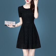 夏季黑色雪纺连衣裙2023新款气质中年女士裙子时尚短袖收腰字裙