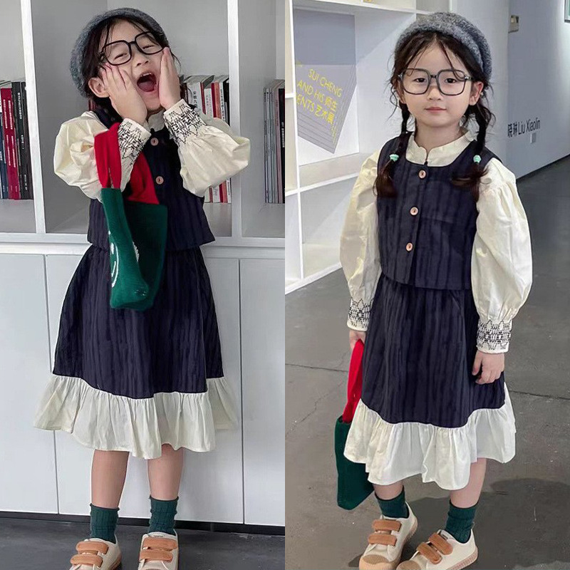 女童袖口撞色打揽小衫背心连衣裙套装2024秋季新款儿童休闲三件套