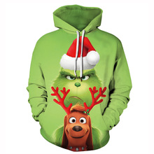跨境亚马逊3d印花圣诞怪杰格林奇绿毛怪连帽套头休闲卫衣