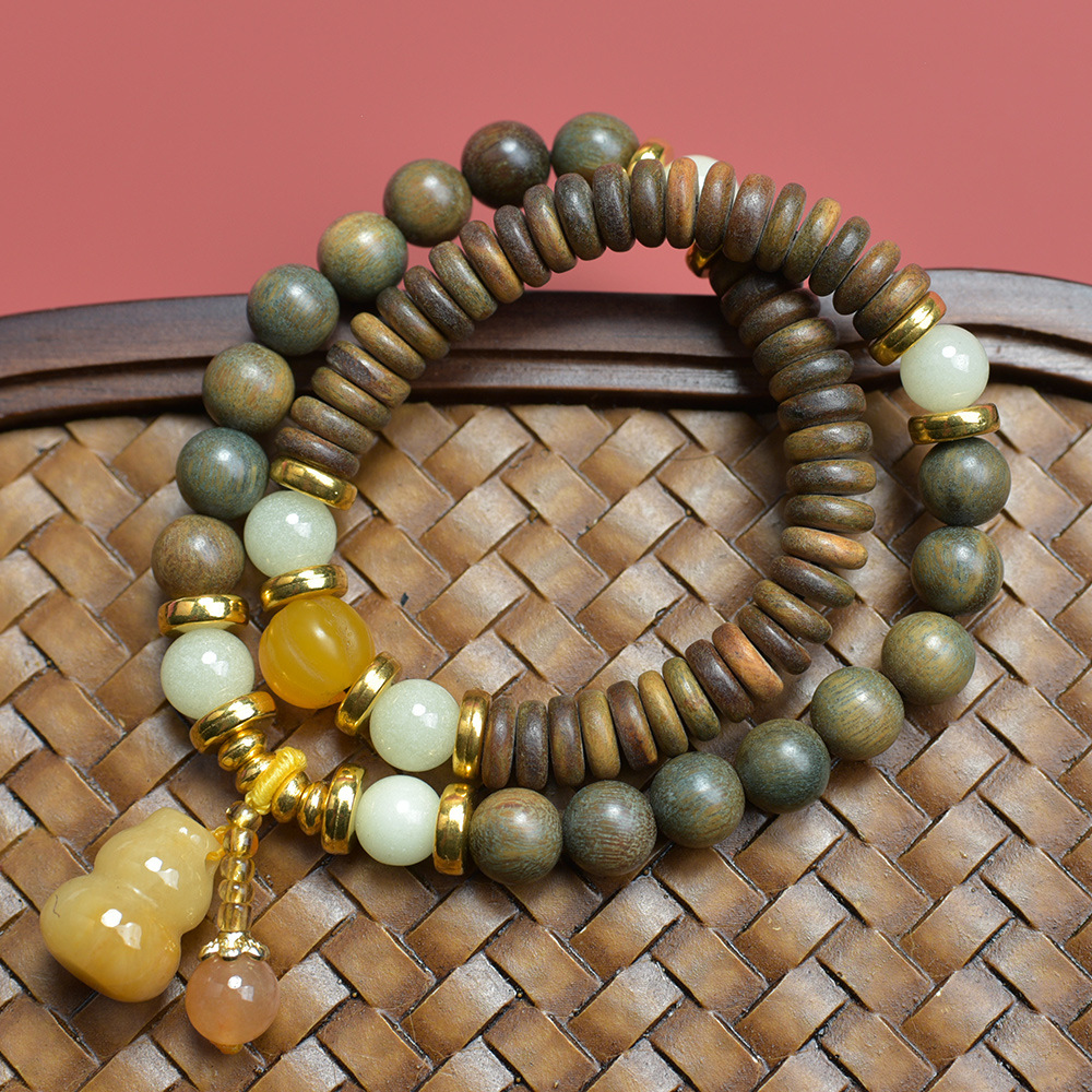 正宗老料绿檀木8mm圆珠隔片珠双圈手链搭配葫芦吊坠佛珠手串女士