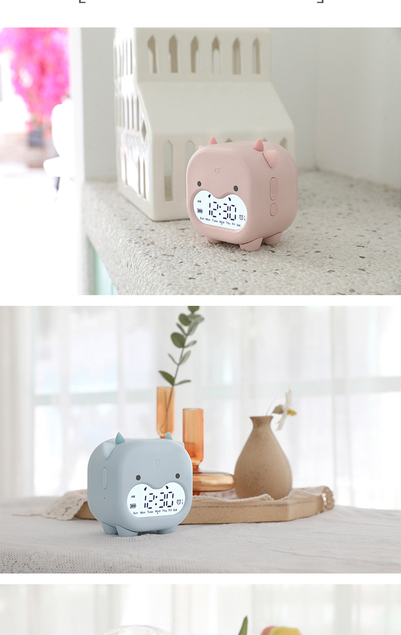 新品呆呆牛闹钟 创意儿童闹钟小夜灯声控语音报时led床头卡通闹钟