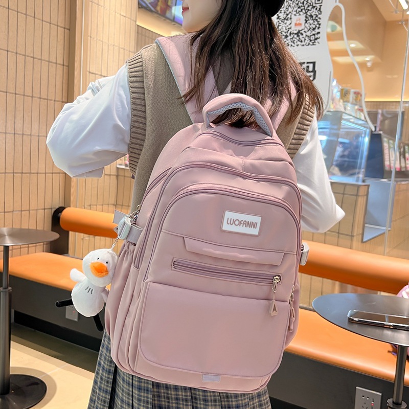 Schoolbag Female Junior High School Student 2023 New Solid Color Large Capacity 15-Inch Backpack Versatile Nylon Student Computer Backpack