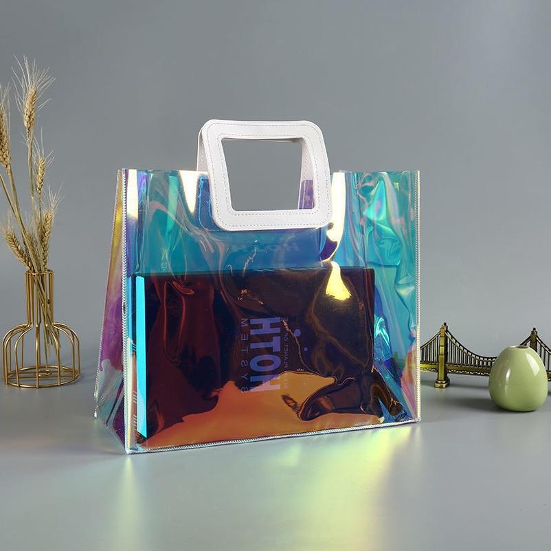 新款韩式透明饭盒袋pvc炫彩镭射袋幻彩包包果冻礼品手提袋量