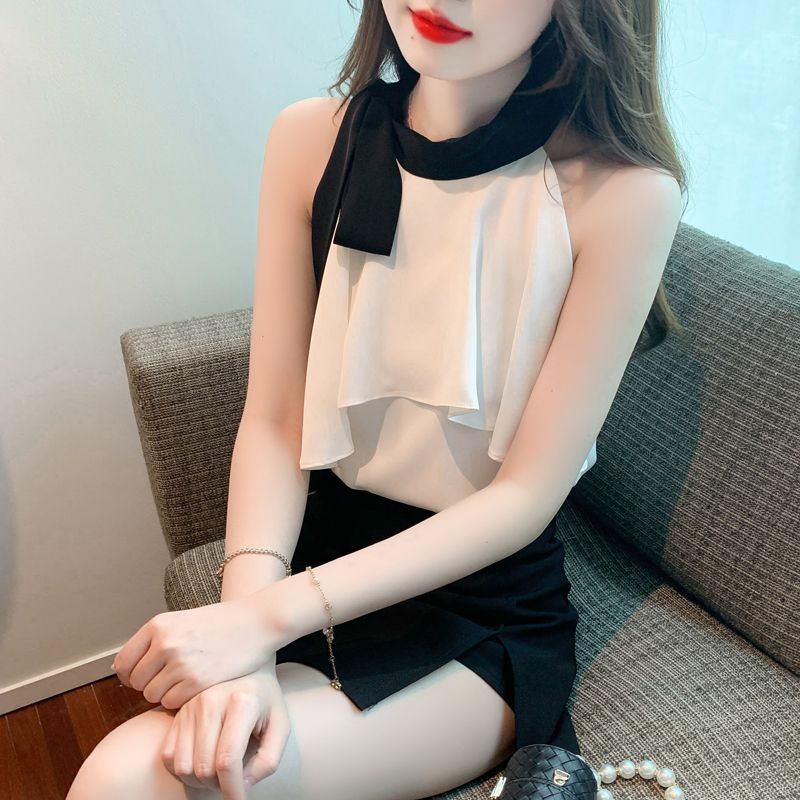 雪纺衫女2024年新款夏季时尚洋气挂脖露肩设计感小众法式无袖上衣