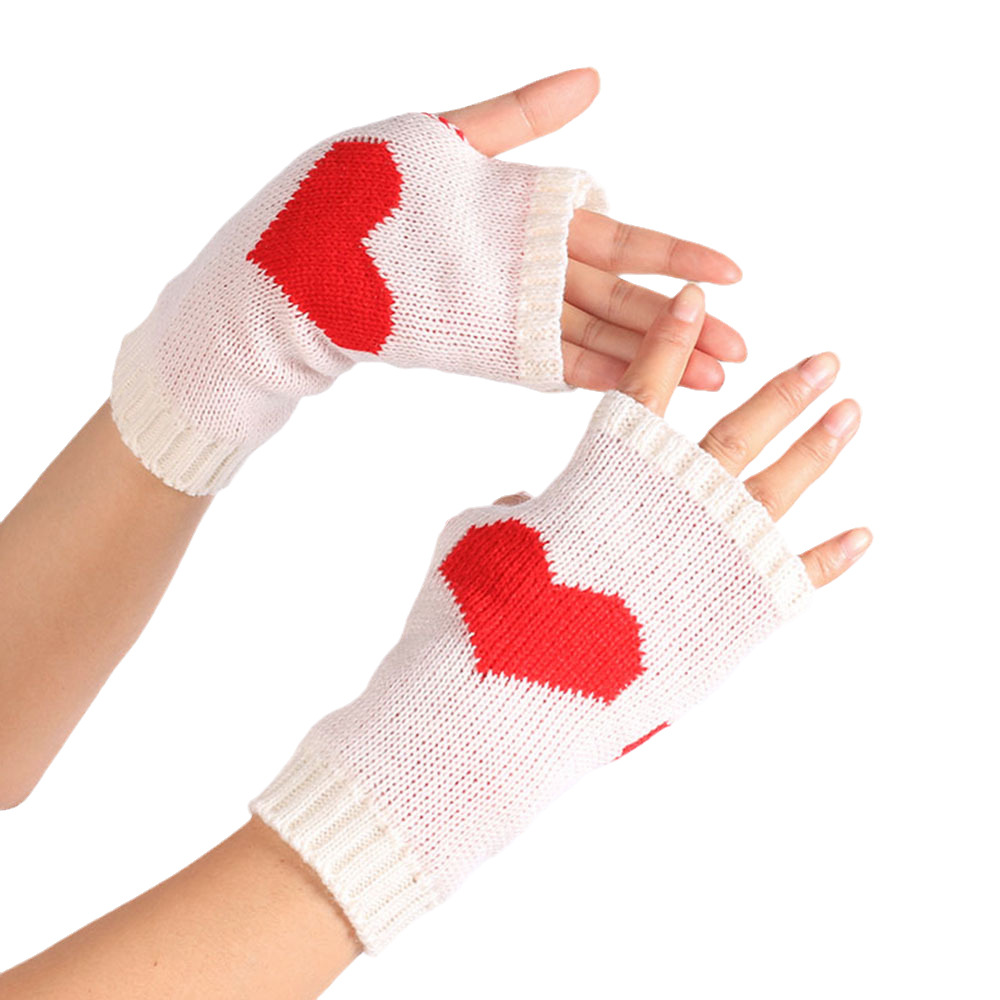 现货毛线保暖手套大爱心手套针织漏指秋冬护手套桃心学生电脑手套