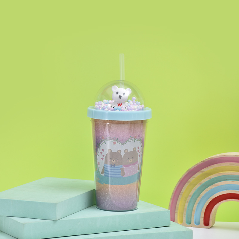 Cartoon Bear Children's Plastic Cup Small Beads Transparency Cover Cup with Straw Large Capacity Student Couple Gift Cup