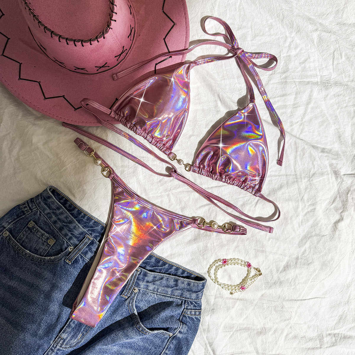 2024泳河新款性感镭射三角软包比基尼夏日沙滩bikini游泳衣女欧美