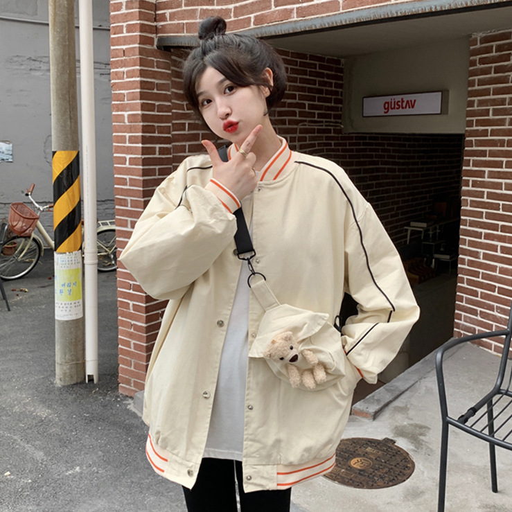 春季2022年新款韩版chic复古撞色条纹棒球服宽松长袖外套女配包包
