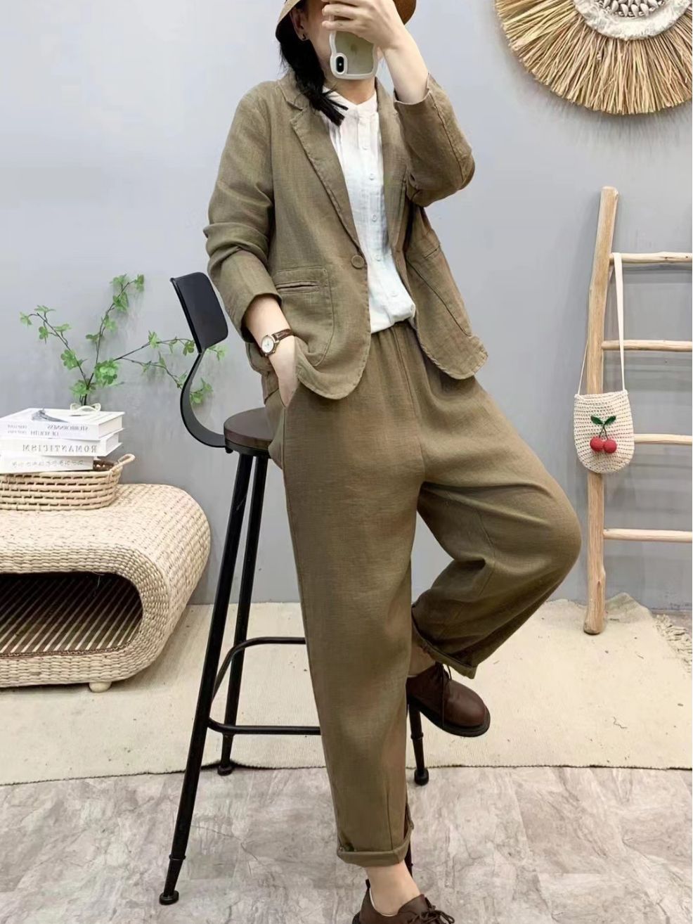 秋款韩版套装女新款西装外套宽松休闲时尚棉麻小西装减龄显瘦套装