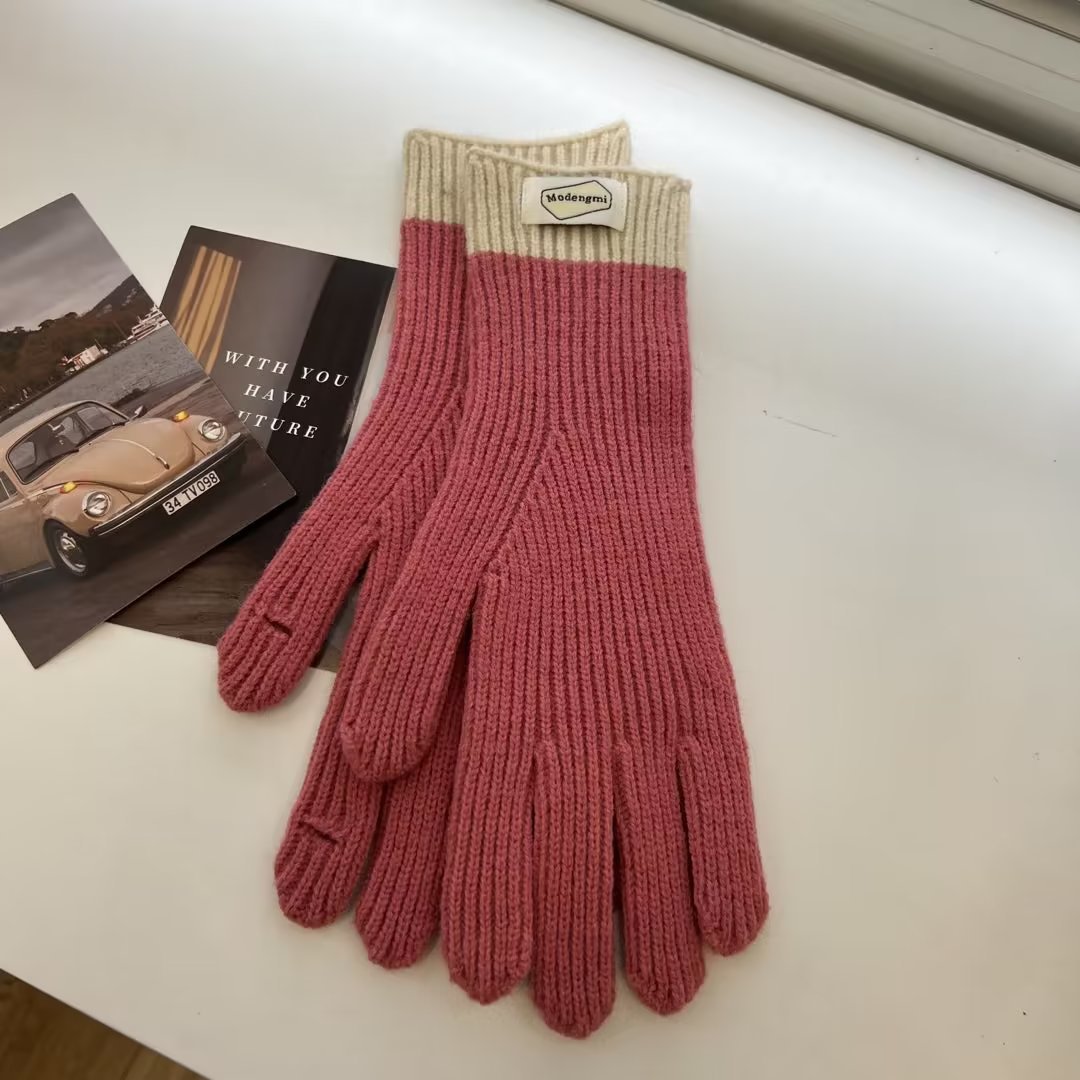 South Korea Ins Bloggers Same Style Knitted Five-Finger Gloves Autumn and Winter Wool Outdoor Cold-Proof Warm Contrast Color Touch Screen Gloves