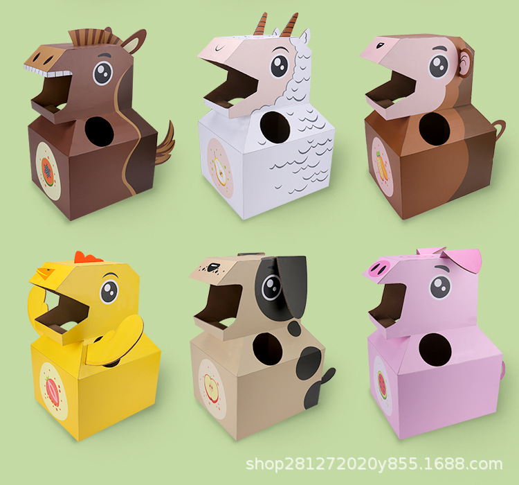 抖音新款动手diy制作卡通十二生肖可穿戴纸箱儿童幼儿园玩具牛年