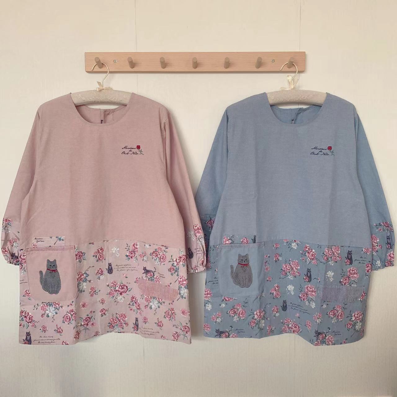 日本kusuguru刺绣猫咪家居围裙防污防油罩衣反穿烘焙花艺有袖883