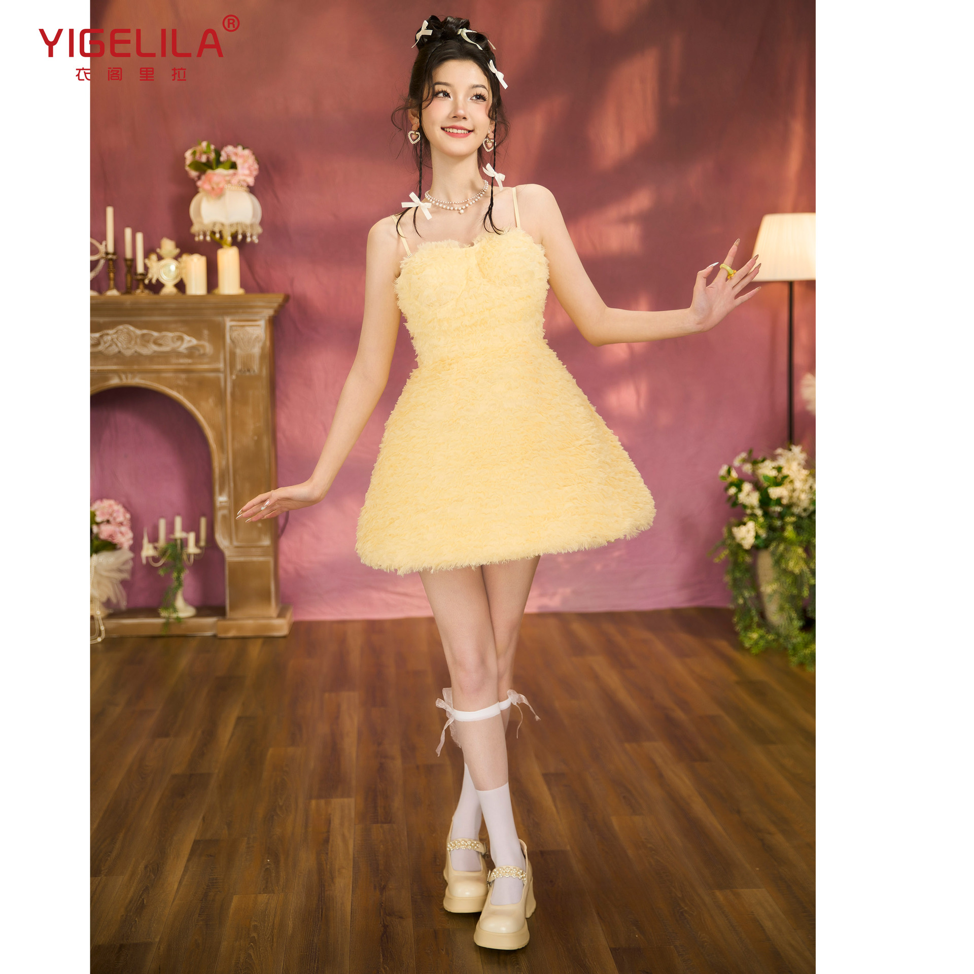 法式洋装生日小礼服裙气质收腰吊带连衣裙网纱盘带绣抹胸裙 68481