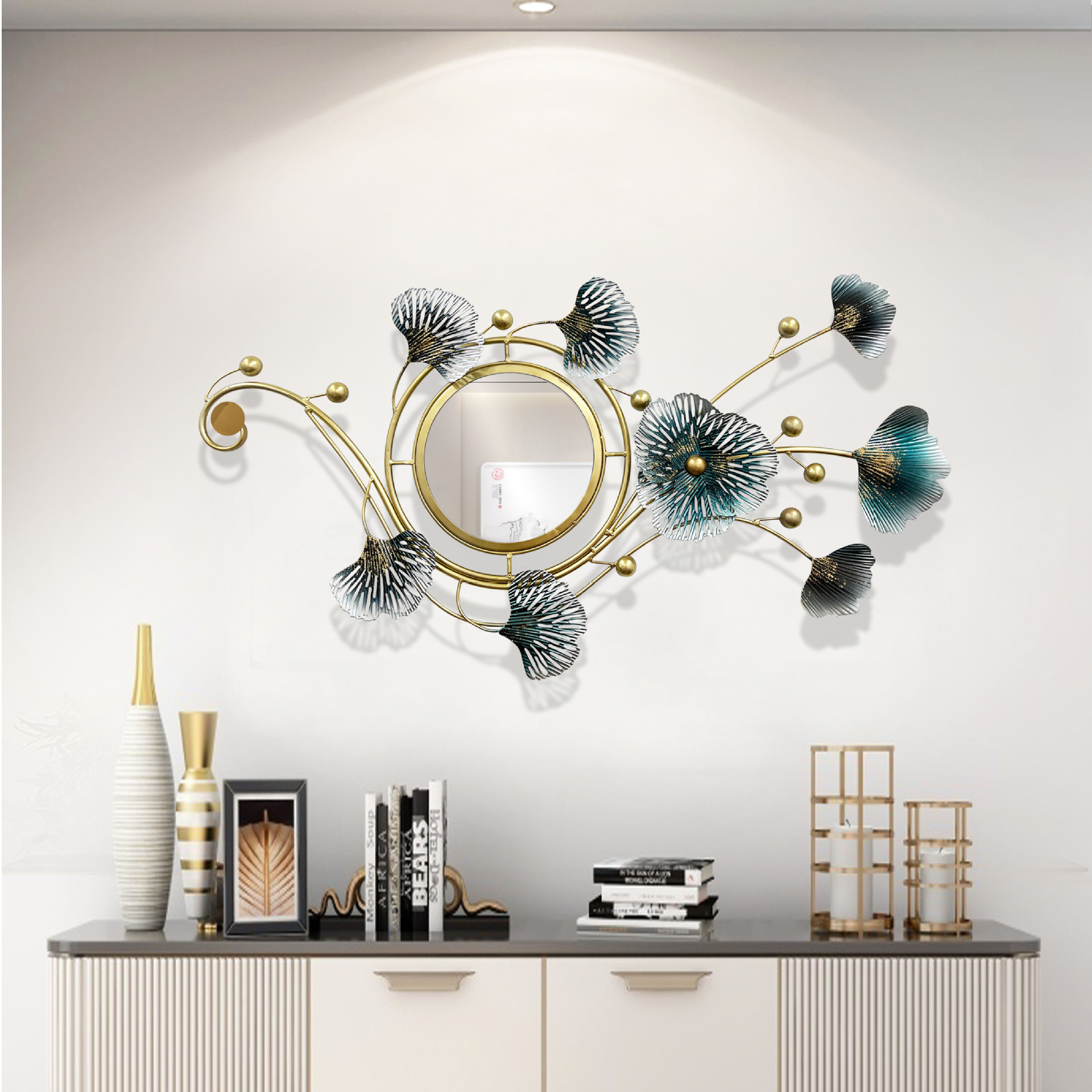 轻奢现代客厅沙发背景墙上装饰品铁艺壁饰镜子装饰玄关走廊挂件镜