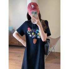 慵懒时髦字母刺绣短袖T恤裙中长款正肩直筒连衣裙女25夏L0517R