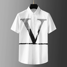 夏季新款大V对称烫钻拼接压胶短袖衬衫男修身休闲打底镶钻白衬衣