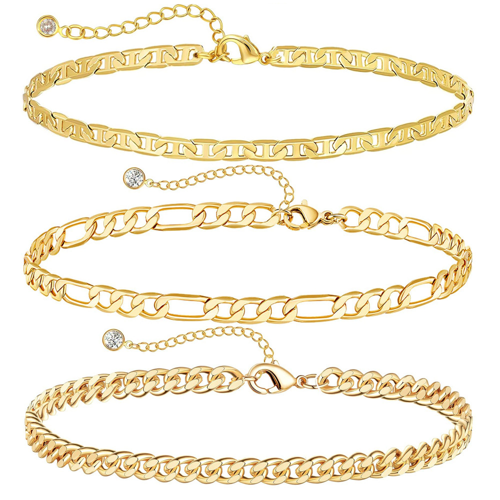 European and American New Stainless Steel Foot Ornaments Fashion Cuban Link Chain Hemp Flowers Chain 5-Piece Anklet Set Beach Layered Anklet