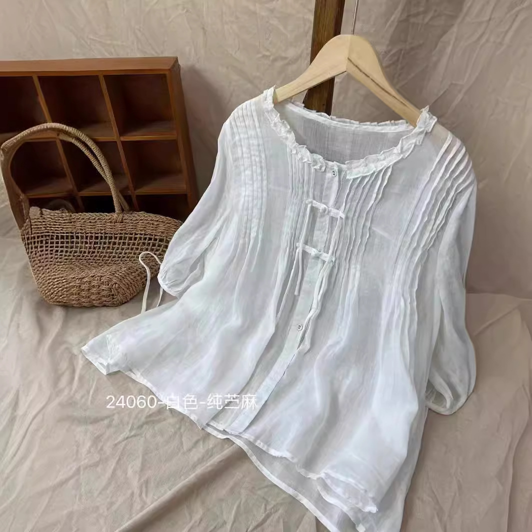 2024夏 韩版宽松显瘦减龄清新风苎麻风琴褶五分袖衬衫开衫女24060