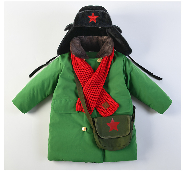 男童棉衣2020新款网红儿童军大衣加厚棉袄军绿色男女加绒棉服外套