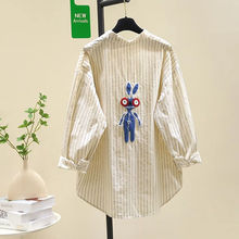 纯棉设计感减龄刺绣条纹POLO领女春季新款文艺休闲衬衣上衣