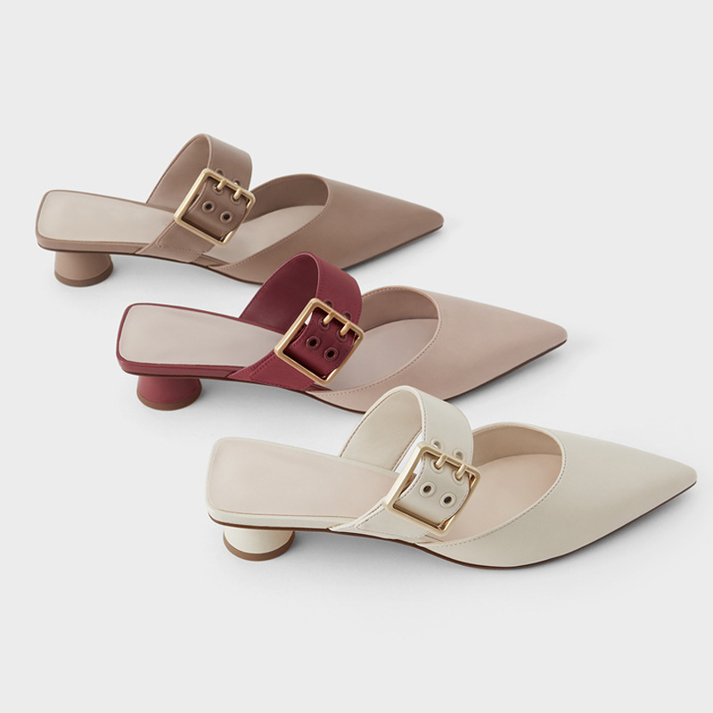 小ck女鞋2021年夏季新款包头半拖鞋女外穿时尚粗跟尖头穆勒凉拖鞋