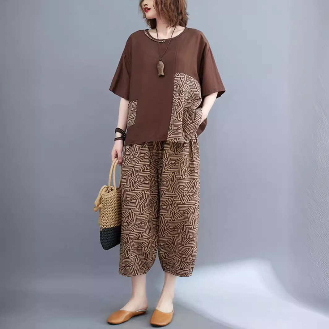 妈妈装夏装2024新款中老年女装奶奶夏款洋气短袖上衣棉麻两件套装