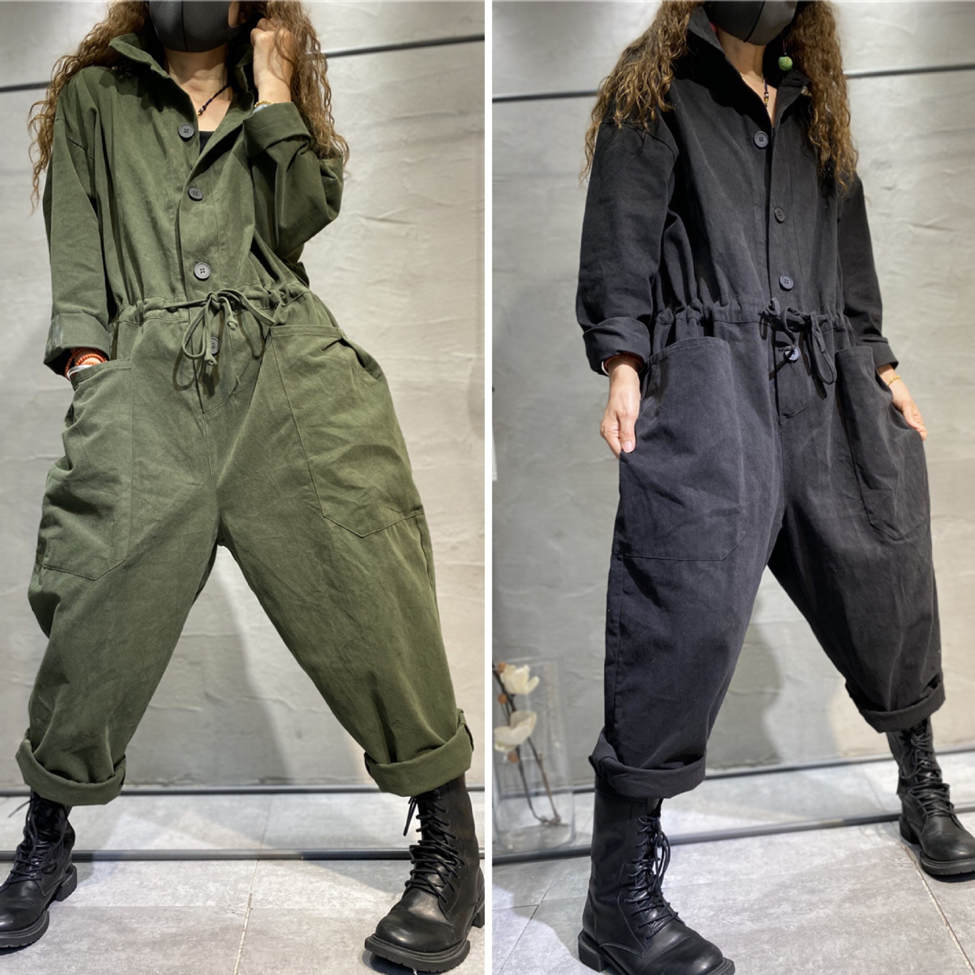 简梦文艺个性长袖翻领工装连体裤女士2021早秋时尚大码连衣裤8133