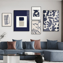 北欧风沙发背景墙装饰画靛蓝色线条餐厅壁画抽象柳叶沙发背景挂画