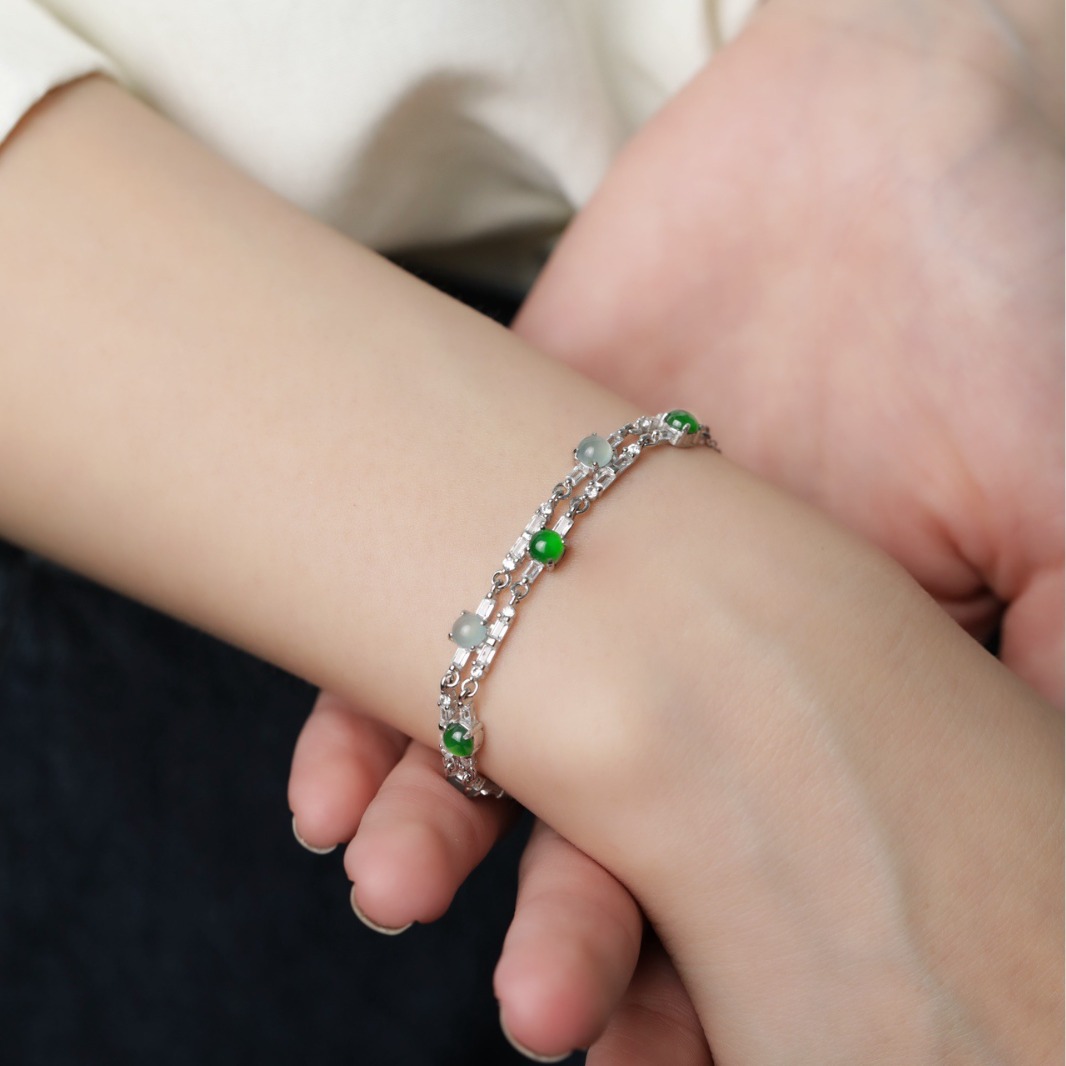 双色蛋面翡翠手链小冰种翡翠手链925银镶嵌玉石手链多层女款正品