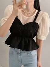 韩国chic夏季减龄复古小众设计感气质荷叶摆泡泡袖拼接假两件衬衫