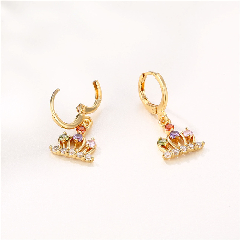 Copper-Plated Gold Diamond-Embedded Ear Ring Geometric Crown Earrings Colorful Zircon Earrings Women's Cross-Border Fashion Copper Ornaments Spot Goods