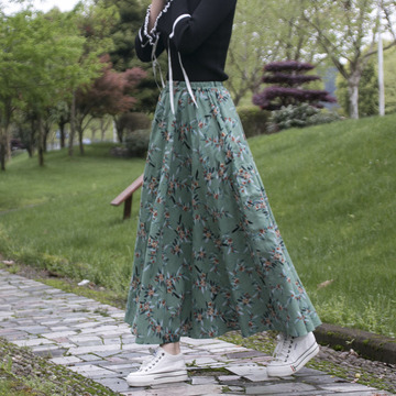 现货实拍春夏新款印花棉麻半身裙小碎花大摆长裙a字裙绿色 女