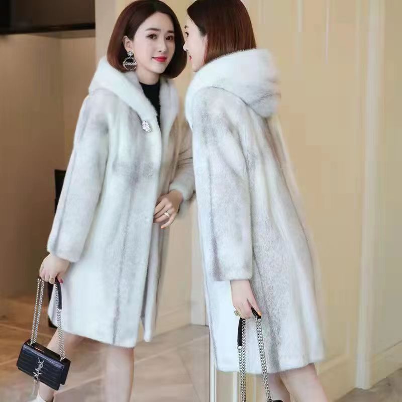 23新款皮草外套女欧貂水貂绒大衣长款皮毛一体连帽时尚秋冬厚款
