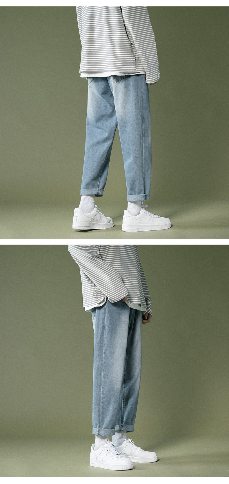 牛仔裤男士阔腿直筒裤子韩版潮流秋季新款九分裤宽松浅色休闲长裤