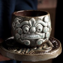 粗陶清水柴烧手捏茶杯创意浮雕一体成型主人杯大号建盏品茗杯茶具
