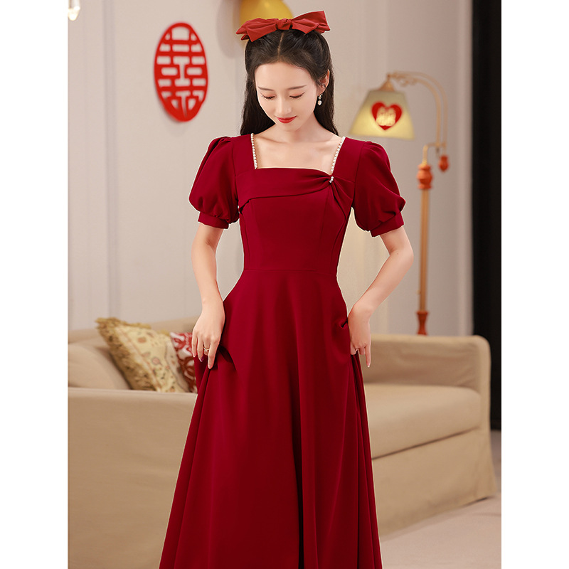 敬酒服新娘女夏季新款红色珍珠泡泡袖长款订婚连衣裙回门结婚礼服