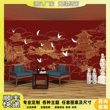 中式红色意境山水阁楼建筑壁画中国风金色线描墙布故宫红背景墙纸