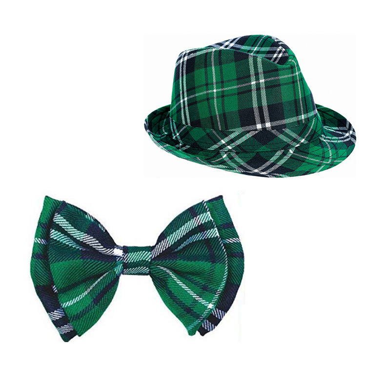 圣帕特里克节绿色三叶草格子贝雷帽领结鸭舌帽爱尔兰节日派对跨境