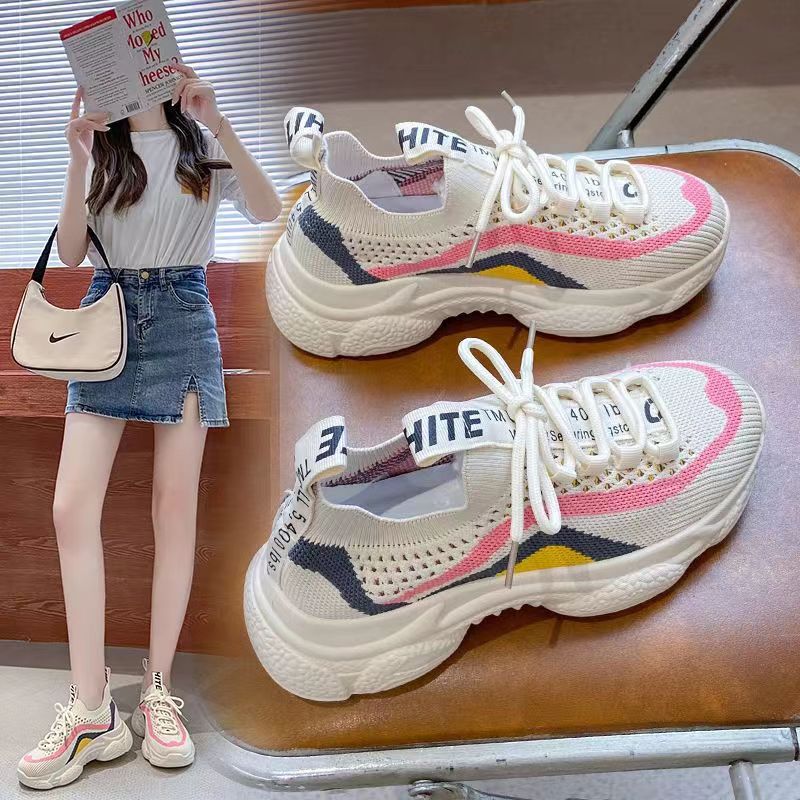 2023 Summer New Real Flying Woven Dad Shoes Women's Breathable Sweat Absorbing Thick Bottom Running Sneaker All-Matching Casual Women's Shoes