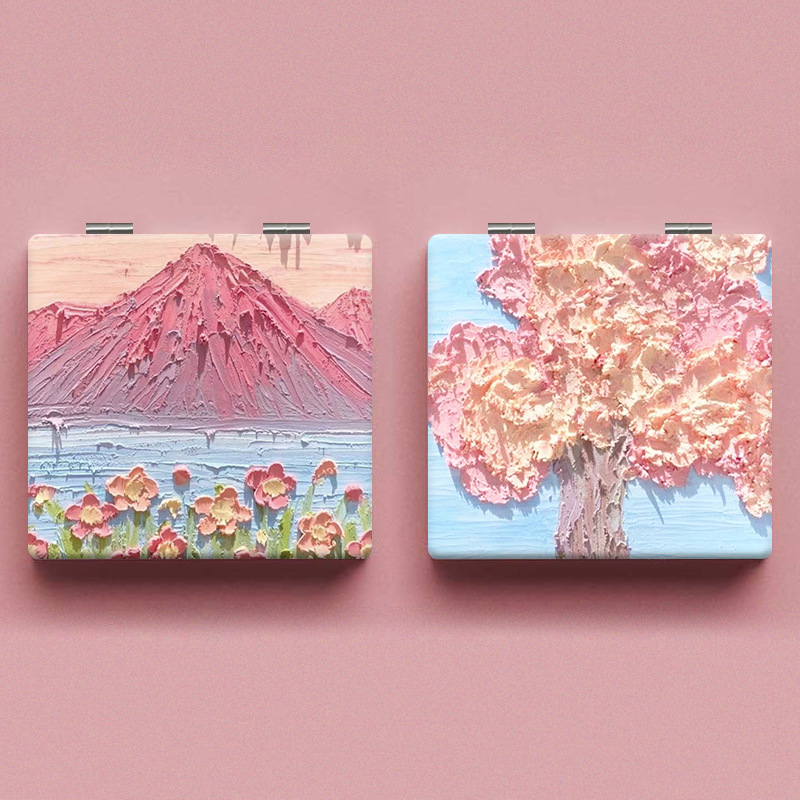 粉色花朵油画便携化妆镜子韩国随身学生折叠镜可爱小清新小镜子女