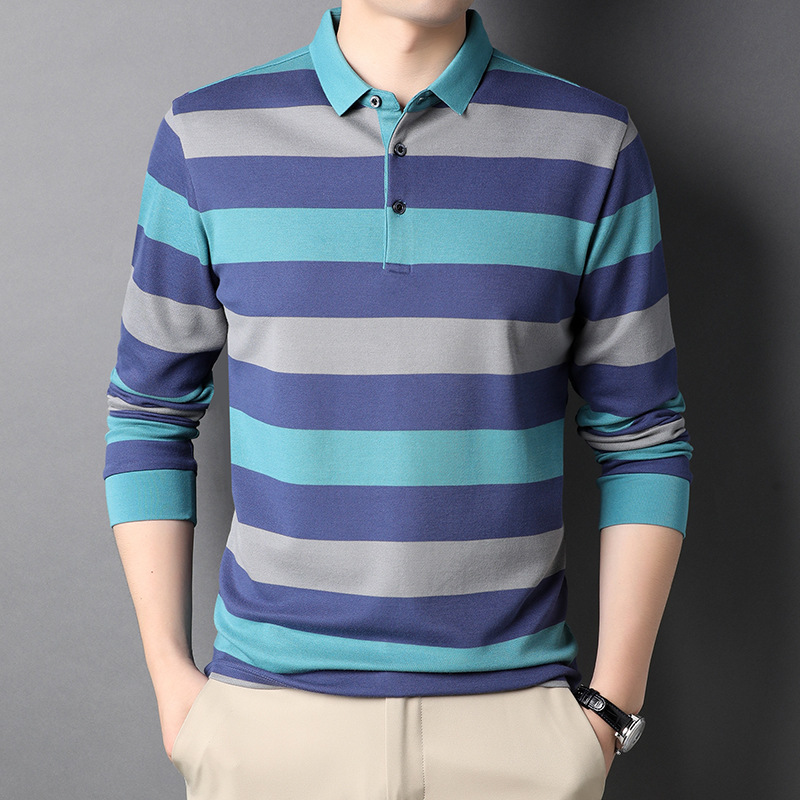 2022春秋男装透气T恤中老年户外长袖翻领条纹宽松Polo衫休闲代发