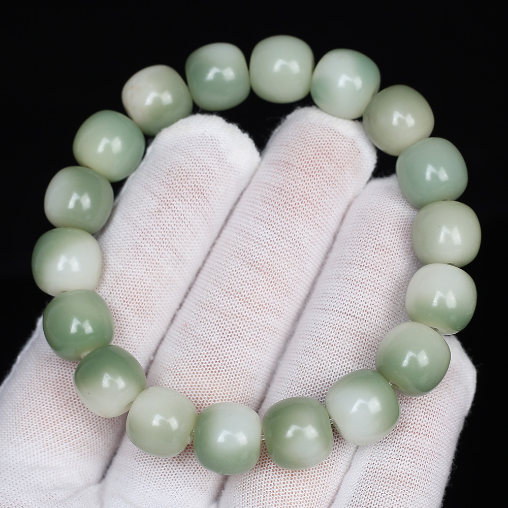 Gradient Greenery Leather White Jade Bodhi Root Bracelet Bodhi Seed Handheld Men and Women Pliable Temperament Hand Toy Buddha Beads Collectables-Autograph Bracelet