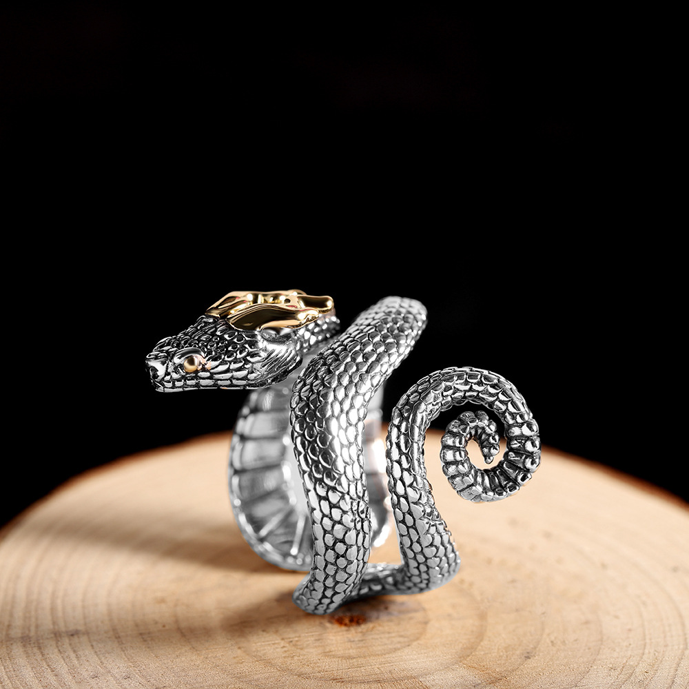 人品银品 s925银简约复古做旧小众设计银蛇潮男开口戒指跨境新品