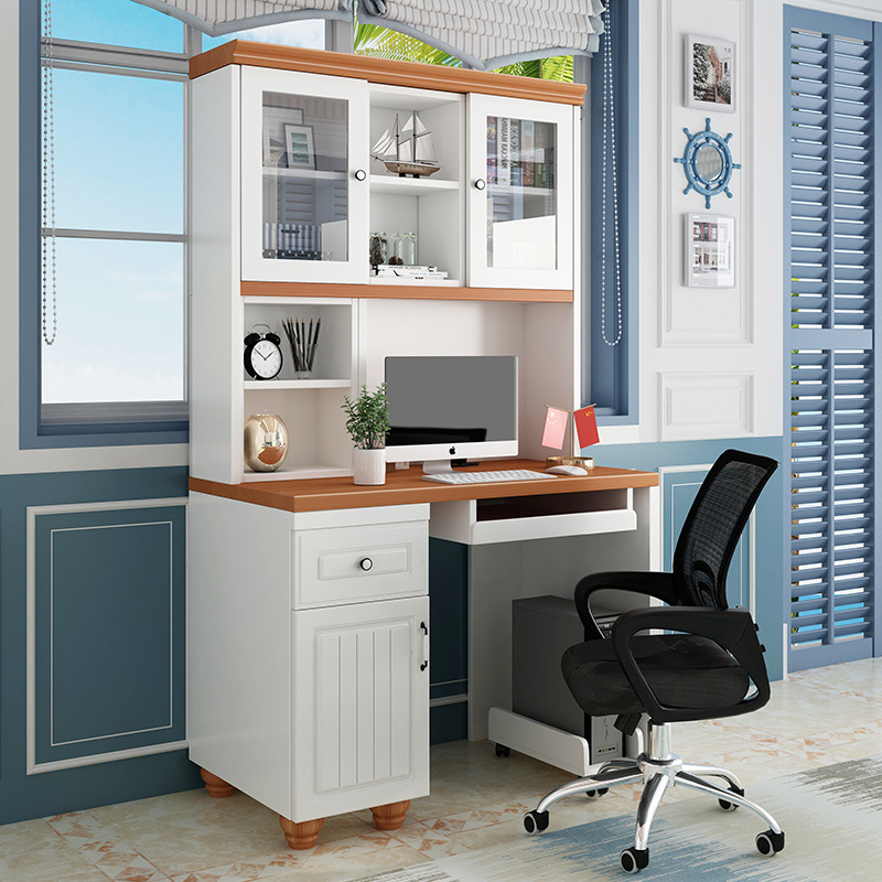 电脑桌带书柜书架组合家用书桌一体写字台卧室学生简约地中海风格