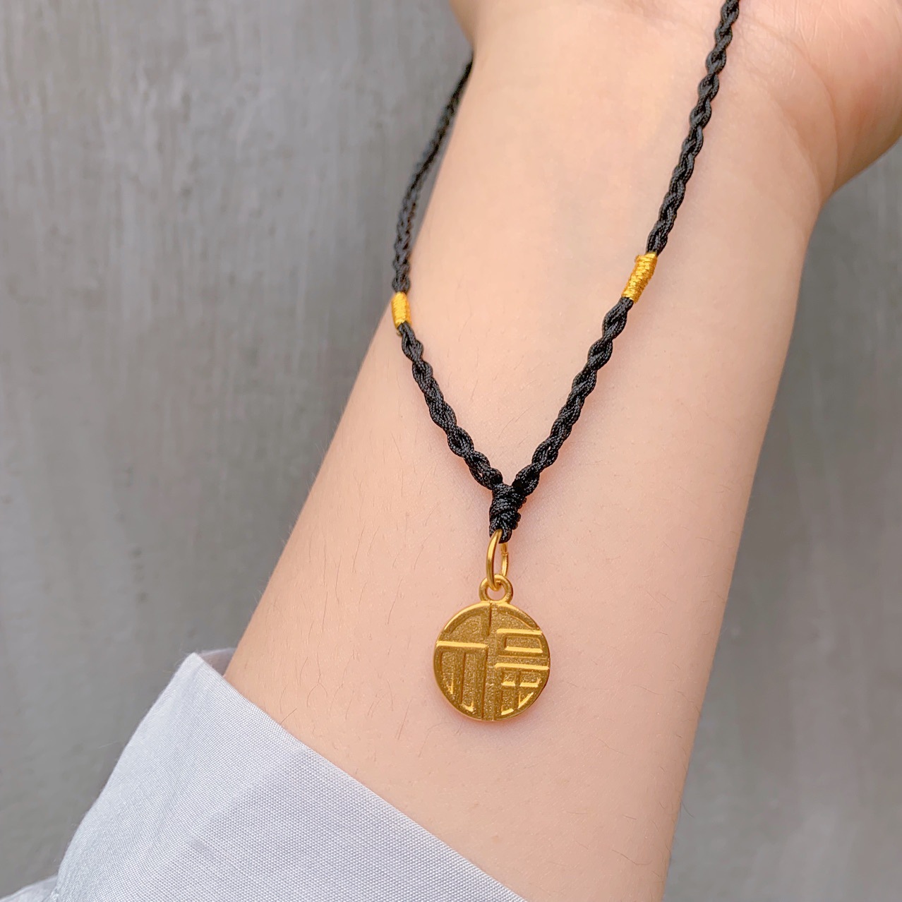 小福牌锁骨链福字项链纯手工编织黑绳颈链转运寓意饰品