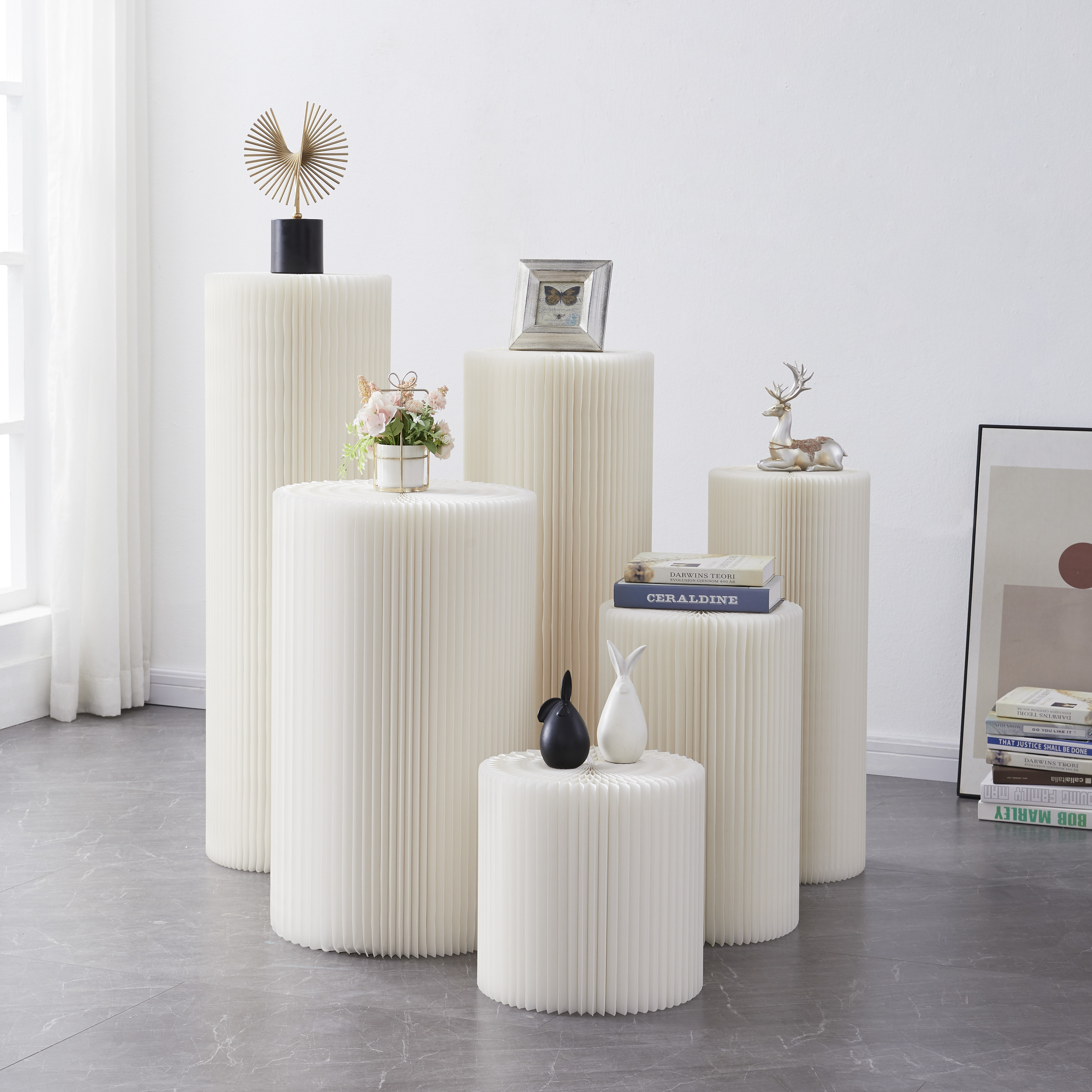 纸艺圆形圆柱体展示台商场橱窗婚庆服装纸陈列架中岛流水台可折叠